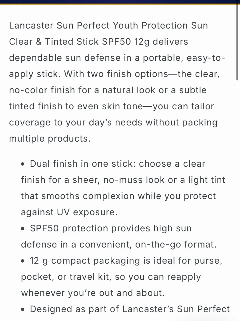 Lancaster Sun Perfect SPF 50 White Tinted Sun Stick - High Protection